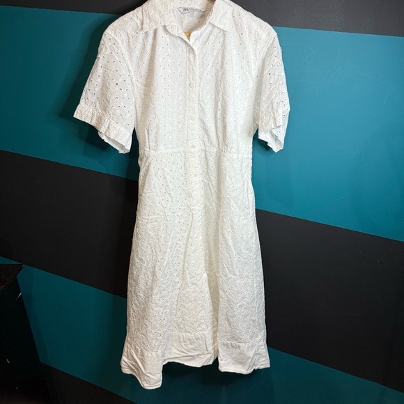 Zara White Midi Dress with Collar 100% Cotton - Picture 5 of 16